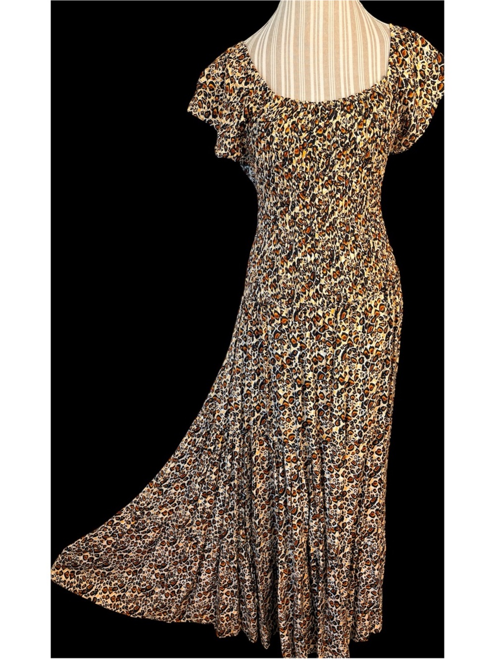 Vintage West Side Smocked Tiered Animal Print Maxi Dress 2X